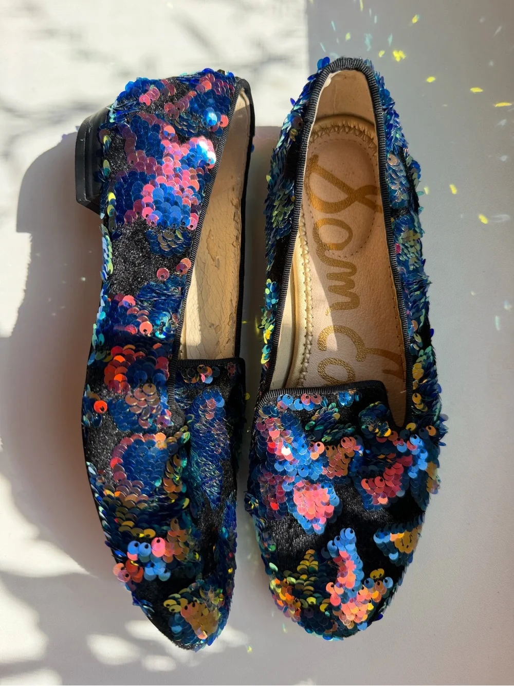 Sam Edelman Black Loafers with Blue and Multicolor Sequins